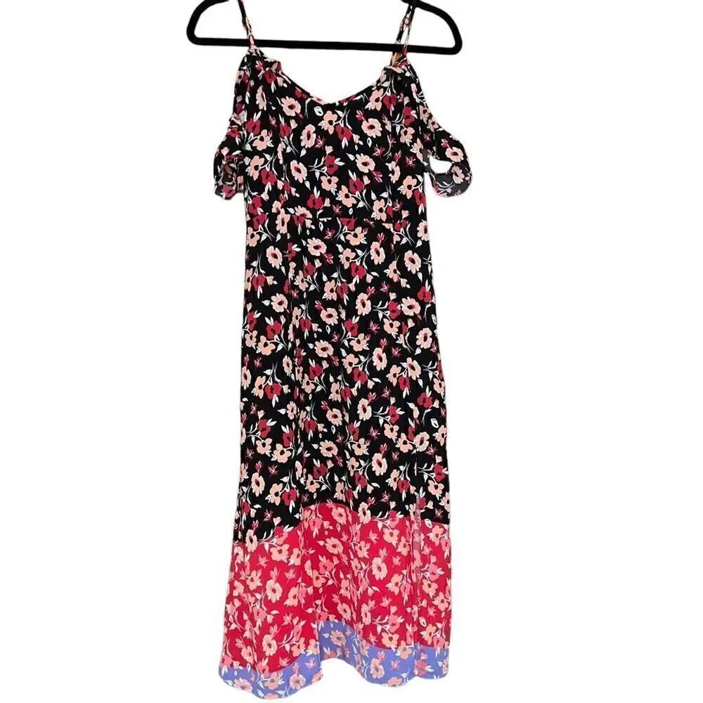 EXPRESS Floral Ruffle Red Black ColorBlock Dress W/ Double Slits Size M - Picture 2 of 7